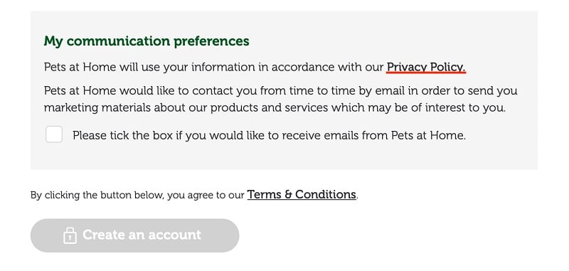 Pets at Home Create Account form with consent for communication preferences and Privacy Policy link highlighted
