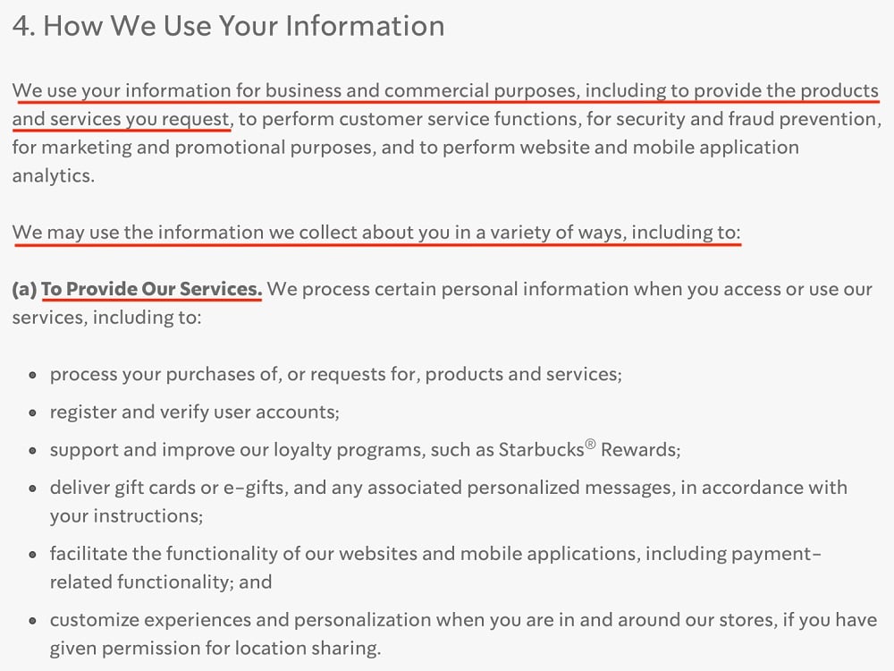 Starbucks Privacy Statement: How We Use Your Information clause