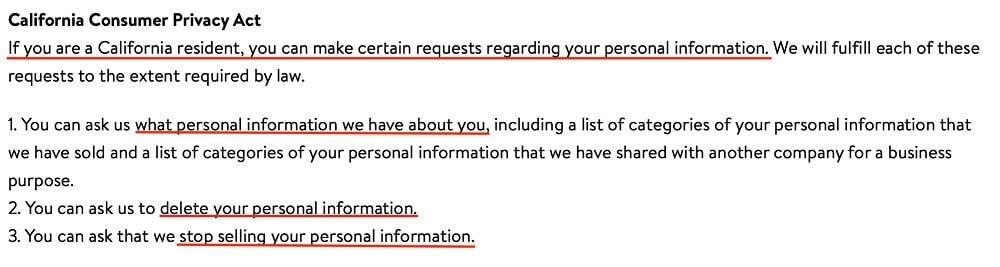 Walmart California Privacy Rights: CCPA rights section