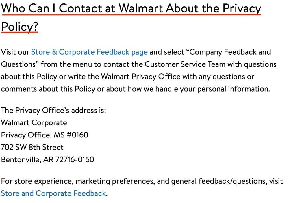 Walmart California Privacy Rights: Contact clause