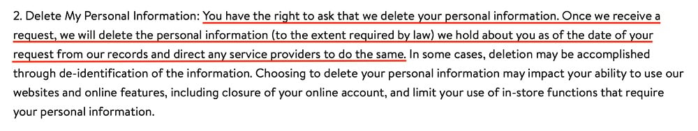 Walmart California Privacy Rights: Delete My Personal Information section