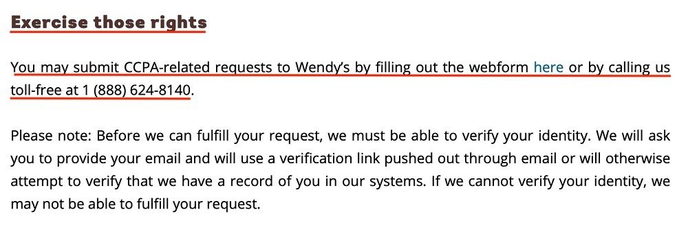 Wendys Privacy Policy: Exercise rights clause