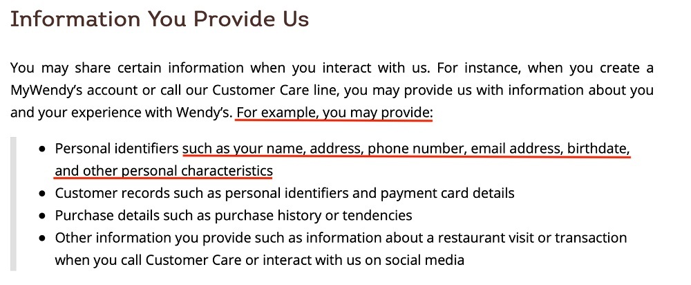 Wendys Privacy Policy: Information We Collect clause - Information You Provide Us section