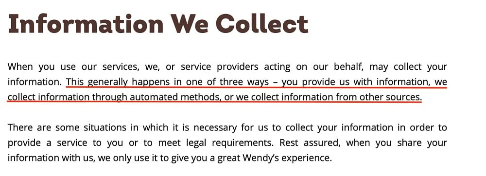 Wendys Privacy Policy: Information We Collect clause