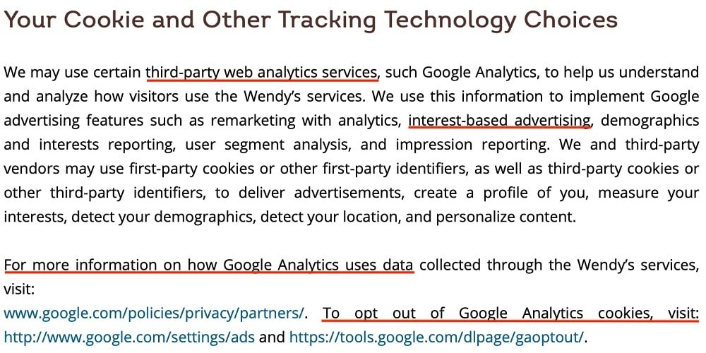 Wendys Privacy Policy and Notice: Your Cookie and Other Tracking Technology Choices clause