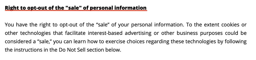 Wendys Privacy Policy: Right to opt-out of the sale of personal information clause