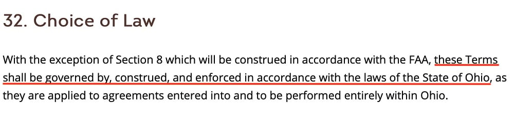 Wendys Terms and Conditions: Choice of Law clause