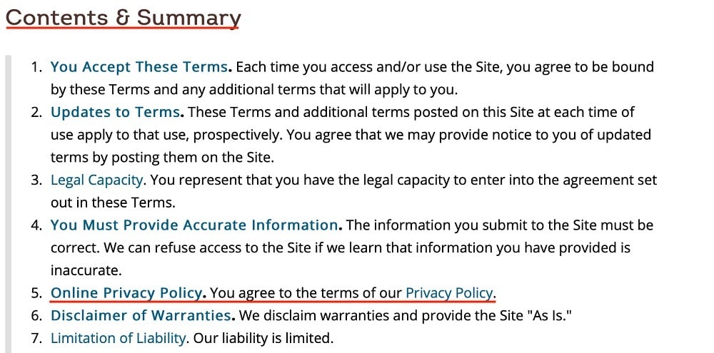 Wendys Terms and Conditions: Contents and Summary clause with Privacy Policy link highlighted