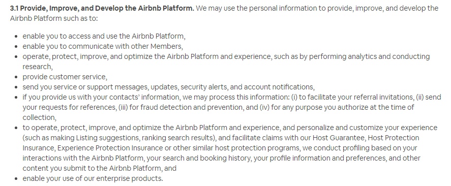 Política de Privacidad de Airbnb: Cláusula Cómo utilizamos la información - sección de mejora y desarrollo de la plataforma