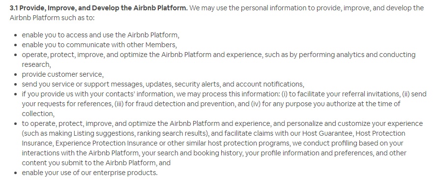 Política de Privacidad de Airbnb: Cláusula Cómo utilizamos la información - sección de mejora y desarrollo de la plataforma