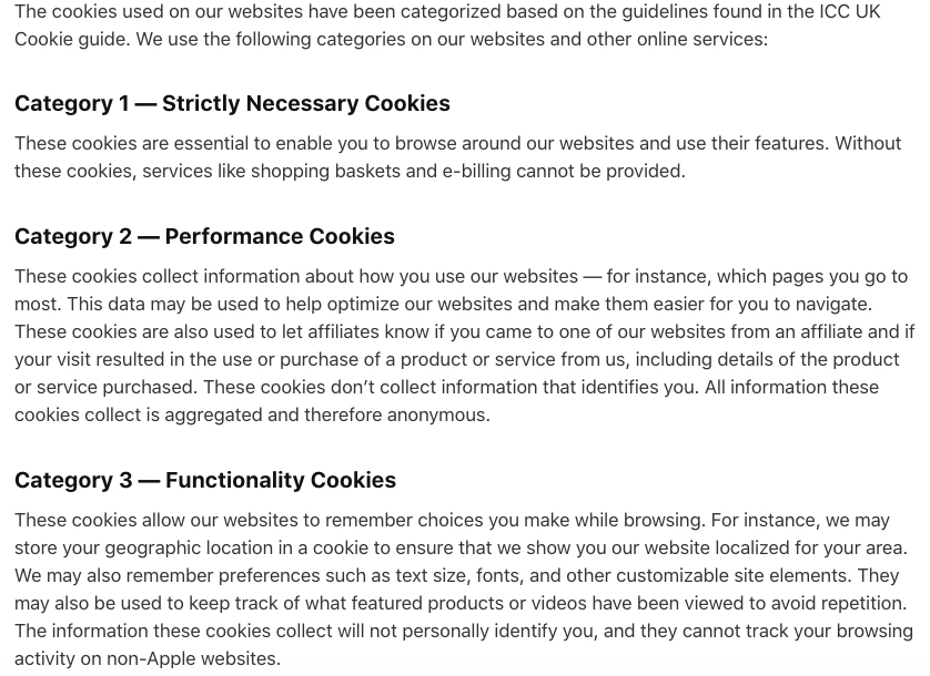 Confidentialité Apple : Utilisation de Cookies - Catégories