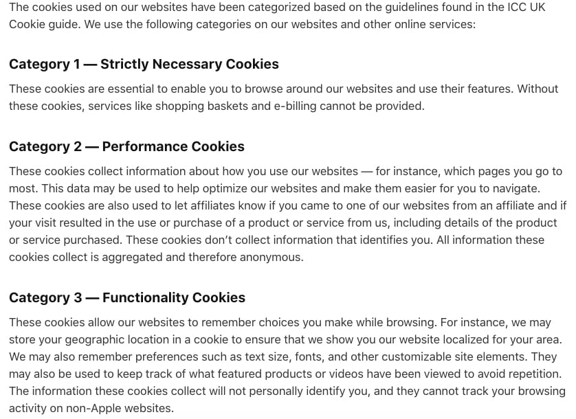 Apple Privacy: Gebruik van cookies - categorieën