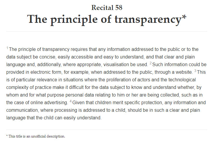 AVG info: Volledige tekst van overweging 58: Het transparantiebeginsel