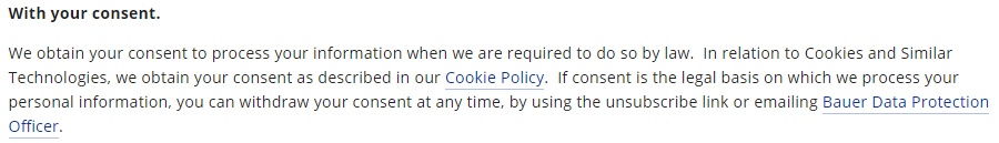 Bauer Publishing Datenschutzrichtlinie: Einwilligungsklausel