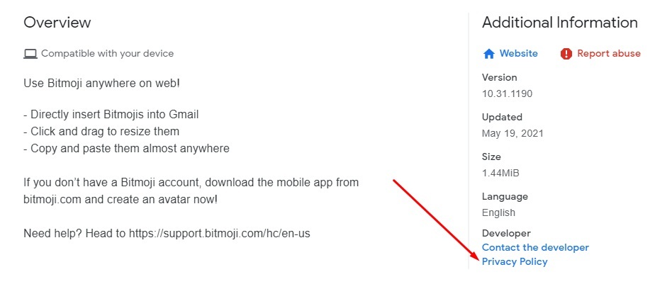 Bitmoji Chrome Web Store listing with Privacy Policy highlighted