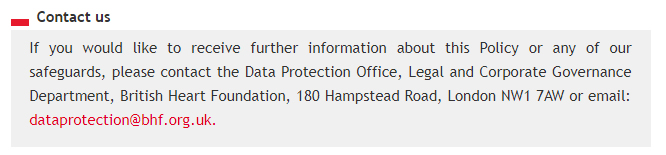 Política de Privacidad y cookies de la British Heart Foundation: Cláusula de contacto con información del DPD