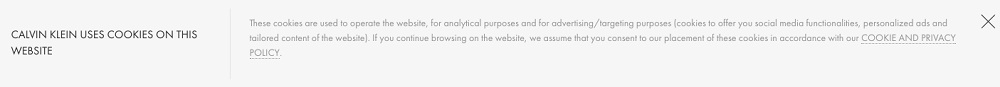 Calvin Klein: banner di avviso all'utilizzo di cookie nella testata del sito web come esempio di consenso passivo dell'utente