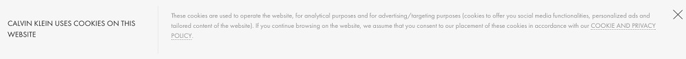 Calvin Klein: Banner de notificación de cookies en el título del sitio web como ejemplo de consentimiento pasivo del usuario