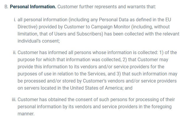 Conditions de Service Campaign Monitor : Clause Informations à caractère personnel