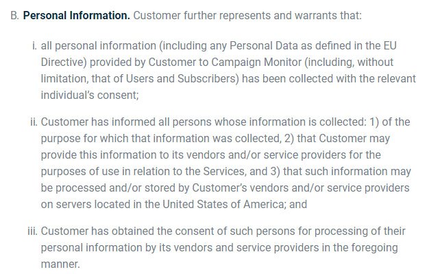 Campaign Monitor Terms of Service: Personal Information clause
