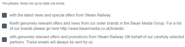 Caselle di spunta del modulo di adesione alla ricezione di email da parte di Steam Railway
