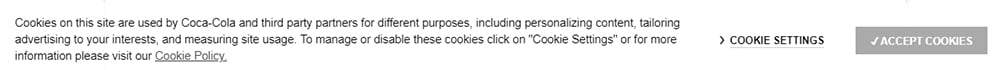 Aviso en forma de banner de consentimiento de cookies de Coca-Cola UK