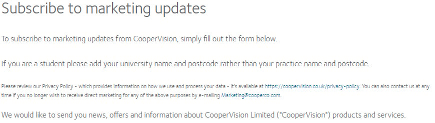 Disclaimer aanmeldingsformulier voor marketingupdates Cooper Vision