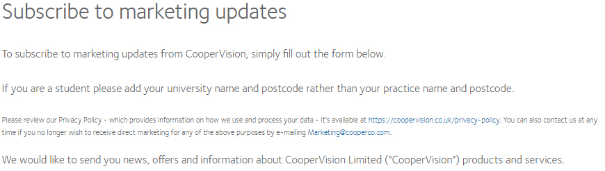 Cooper Vision Disclaimer zum Anmeldeformular für Marketing-Updates