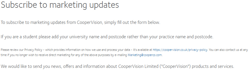 Descargo de responsabilidad del formulario de suscripción a las actualizaciones de marketing de Cooper Vision