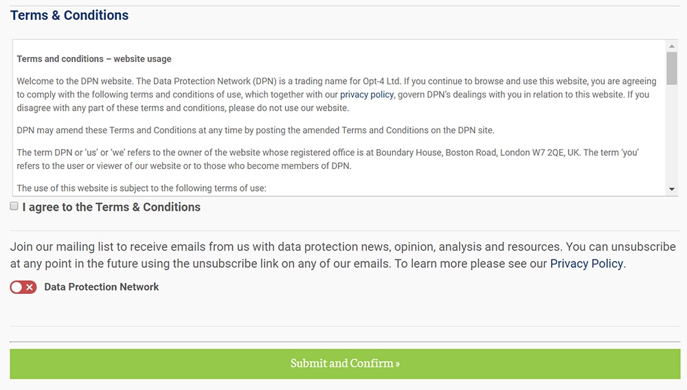 The Data Protection Network : Formulaire d'inscription avec consentement au clic pour les Conditions Générales et adhérer à la liste de diffusion