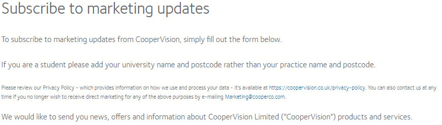 Disclaimer del modulo di Cooper Vision per l'iscrizione alla ricezione di aggiornamenti marketing