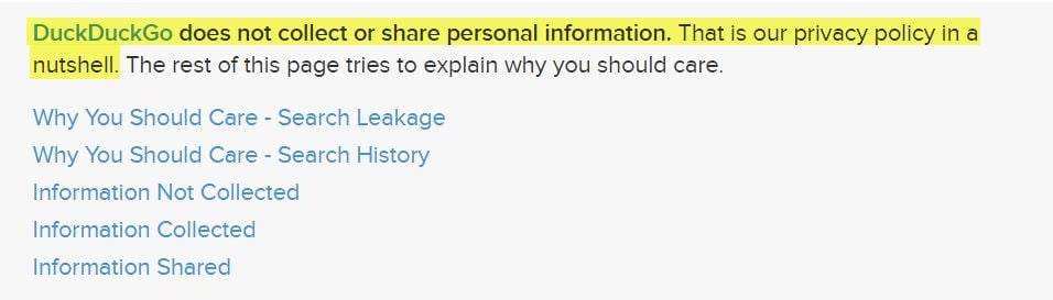 Politique de Confidentialité DuckDuckGo : Clause d'introduction avec liste des liens