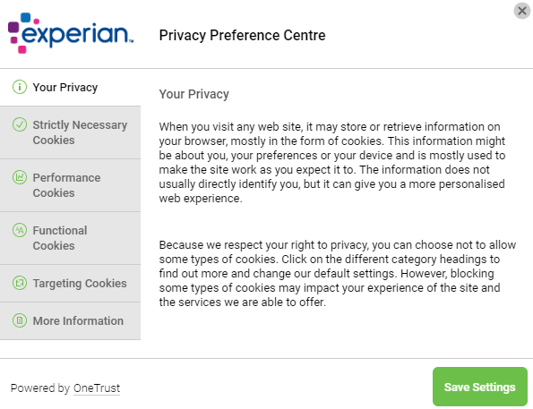 Écran paramètres du Centre de Préférences Confidentialité Experian