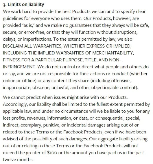 Condiciones de servicio de Facebook: Límites a la cláusula de responsabilidad