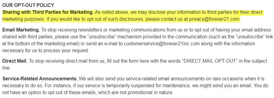 Forever21 Datenschutzrichtlinie: Unsere Abmeldeklausel
