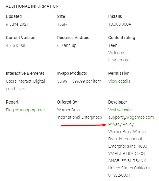 Game of Thrones Google Play Store listing: Additional Information section with Privacy Policy link highlighted