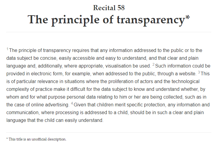 Info sobre el RGPD: Texto completo del Considerando 58: El principio de transparencia