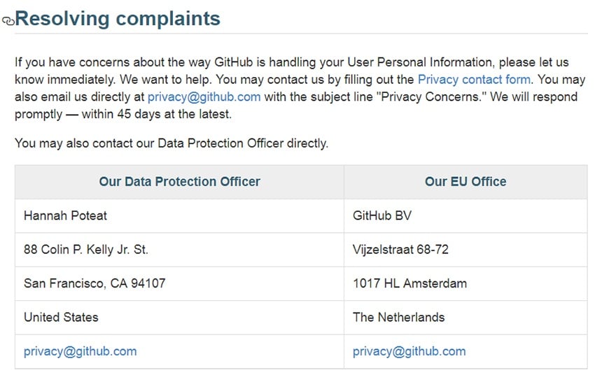 Declaración de privacidad de GitHub: Cláusula de resolución de quejas con información de contacto del DPD
