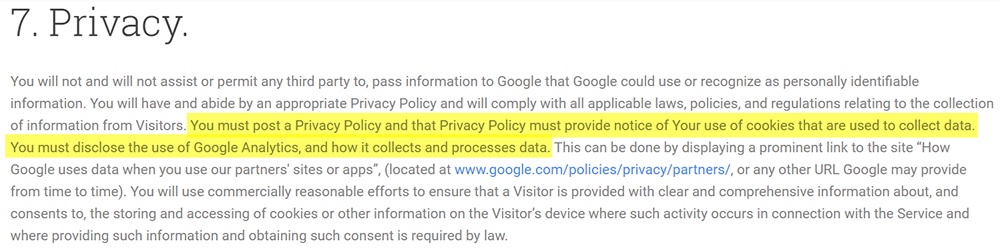 Condiciones de servicio de Google Analytics: Cláusula de privacidad destacada