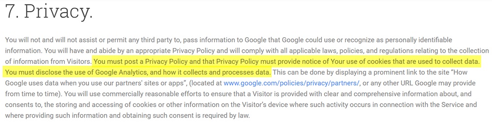 Google Analytics Nutzungsbedingungen: Datenschutzklausel markiert
