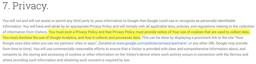 Google Analytics Nutzungsbedingungen: Datenschutzklausel markiert