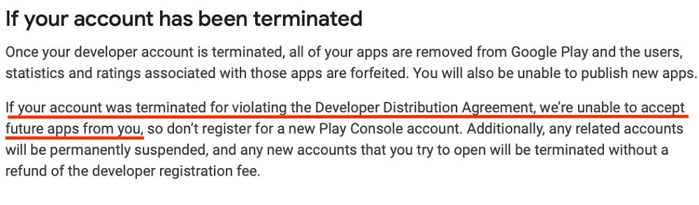 Google Play Console Help: Account, Registration and Payment Issues - Terminated Account section
