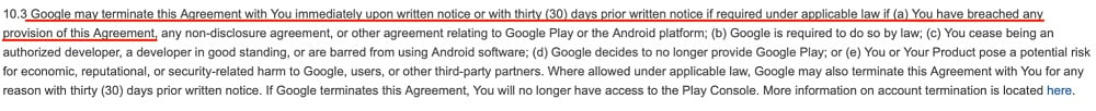 Google Play Developer Distribution Agreement: Section 10 3 - Terminate agreement section