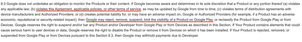 Google Play Developer Distribution Agreement: Section 8 3 - Remove violating apps section