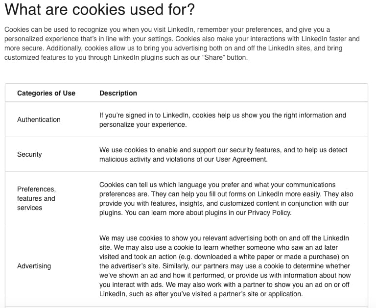 Informativa sui cookie di LinkedIn: estratto del grafico Per che cosa vengono utilizzati i cookie?