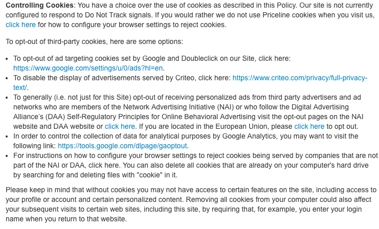 Informativa sulla privacy e sui cookie di Priceline: clausola Controllo dei cookie
