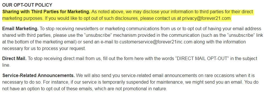 Informativa sulla privacy di Forever21: clausola La nostra politica di opt-out