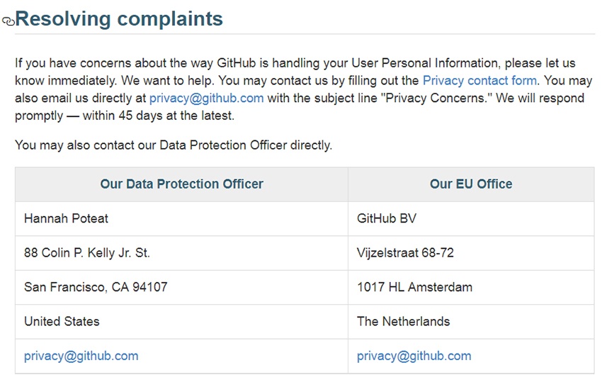 Informativa sulla privacy di GitHub: clausola Risoluzione di reclami con dati di contatto del RPD