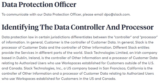 Informativa sulla privacy di Slack: clausole Responsabile della protezione dei dati e Identificazione del titolare e del responsabile del trattamento dei dati