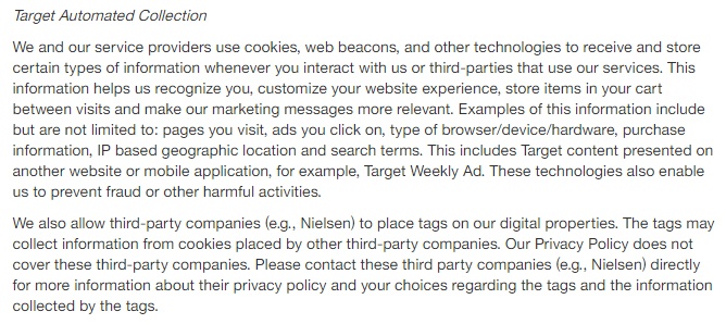 Informativa sulla privacy di Target: clausola Raccolta automatica dei cookie